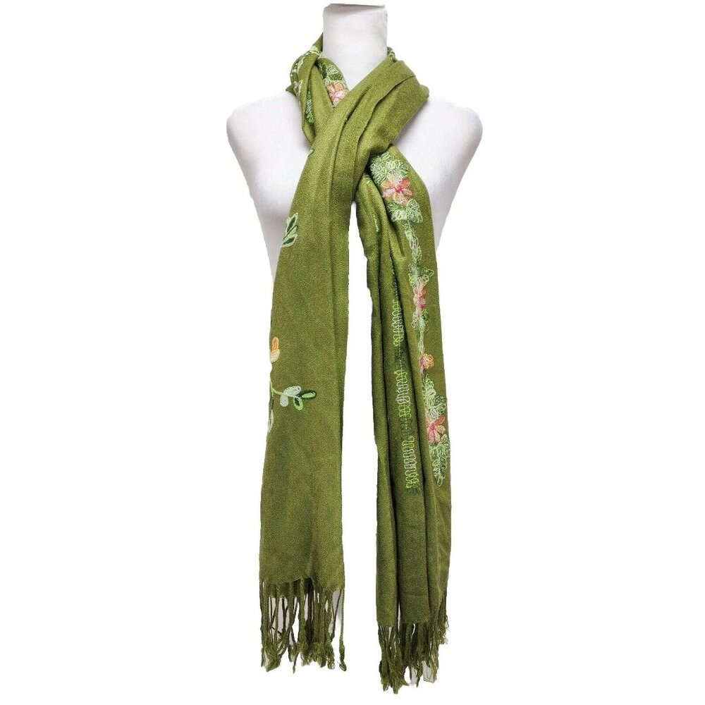 Jerusalem Scarf Israeli Holy Land Women’s Green Floral 100% Cashmere
